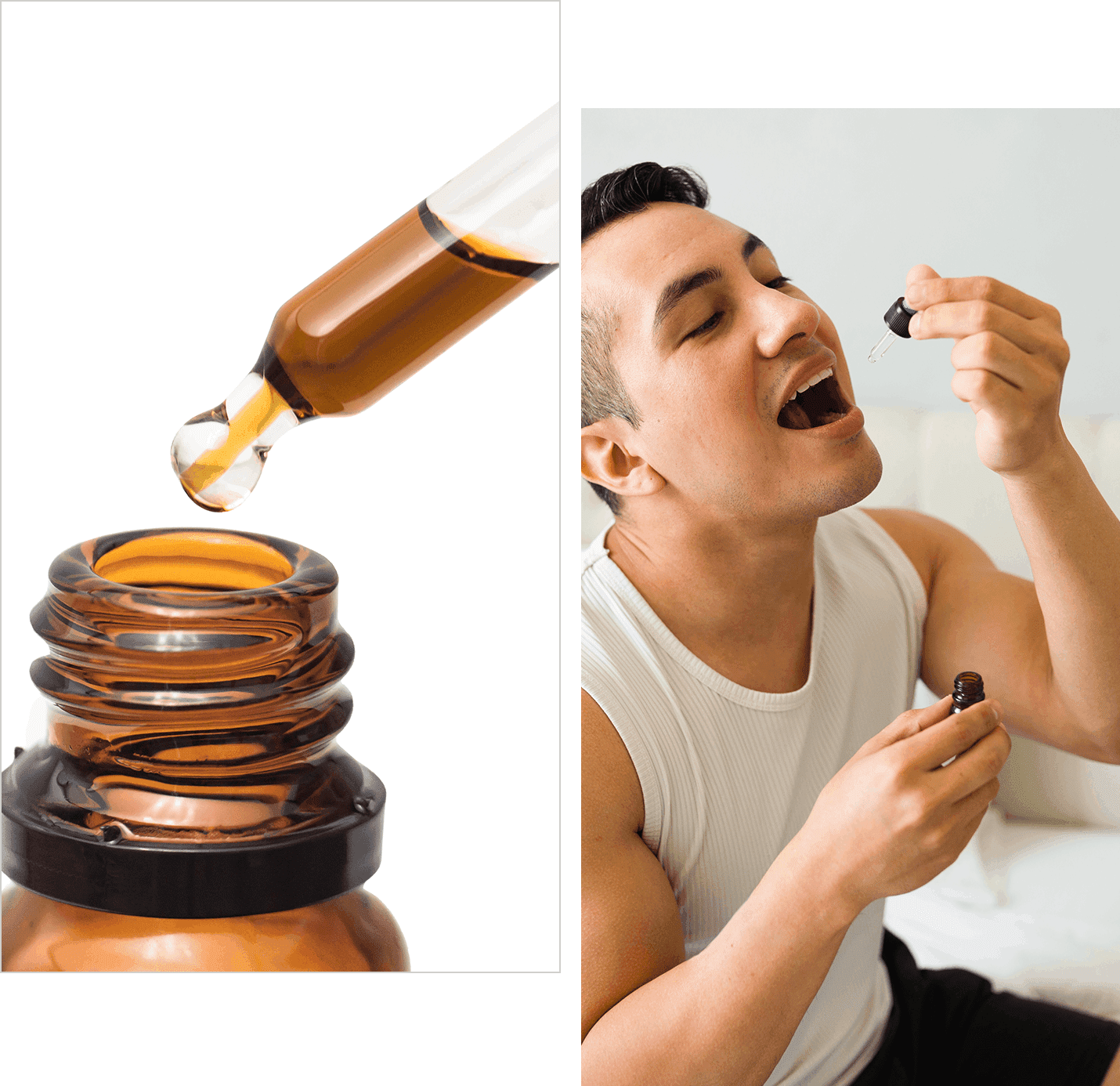 Man taking supplement with dropper bottle.