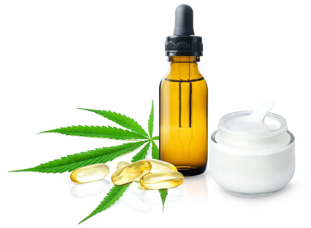 Cannabis leaf, oil, capsules, and cream.