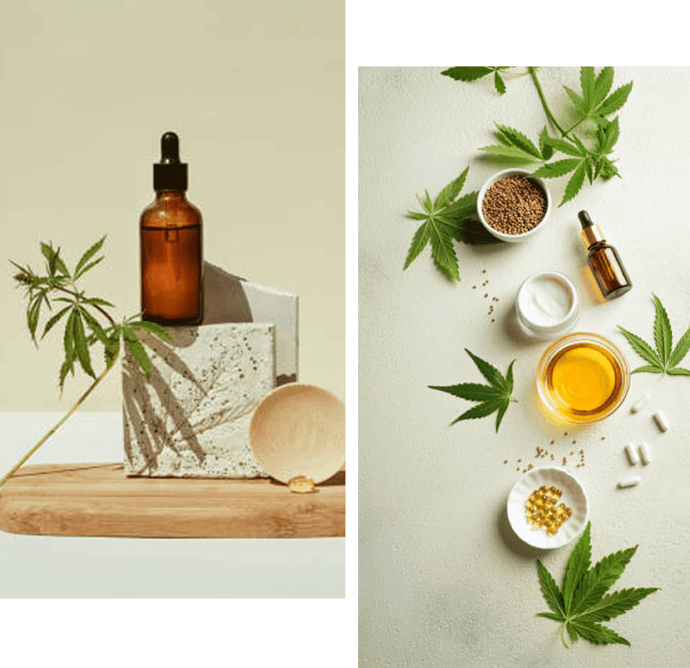 Natural wellness products with cannabis leaves.