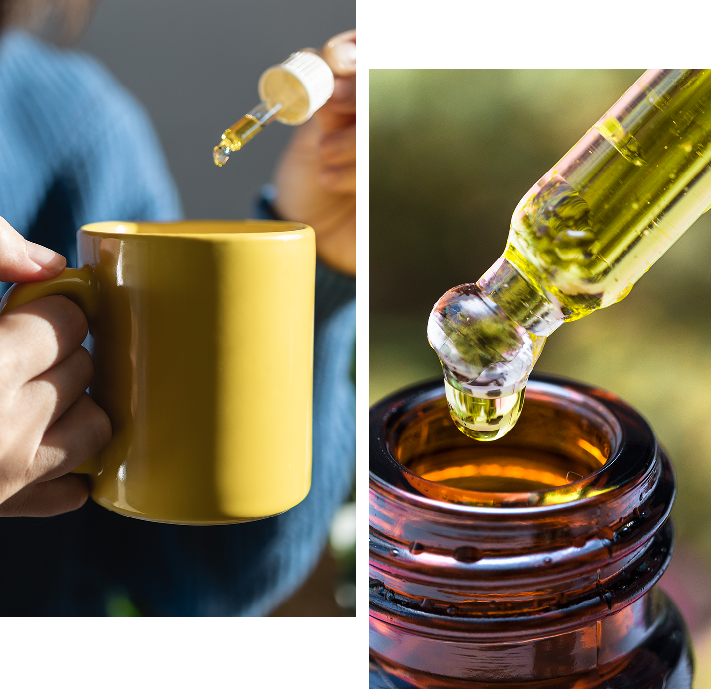 Dropping liquid into mug and bottle.