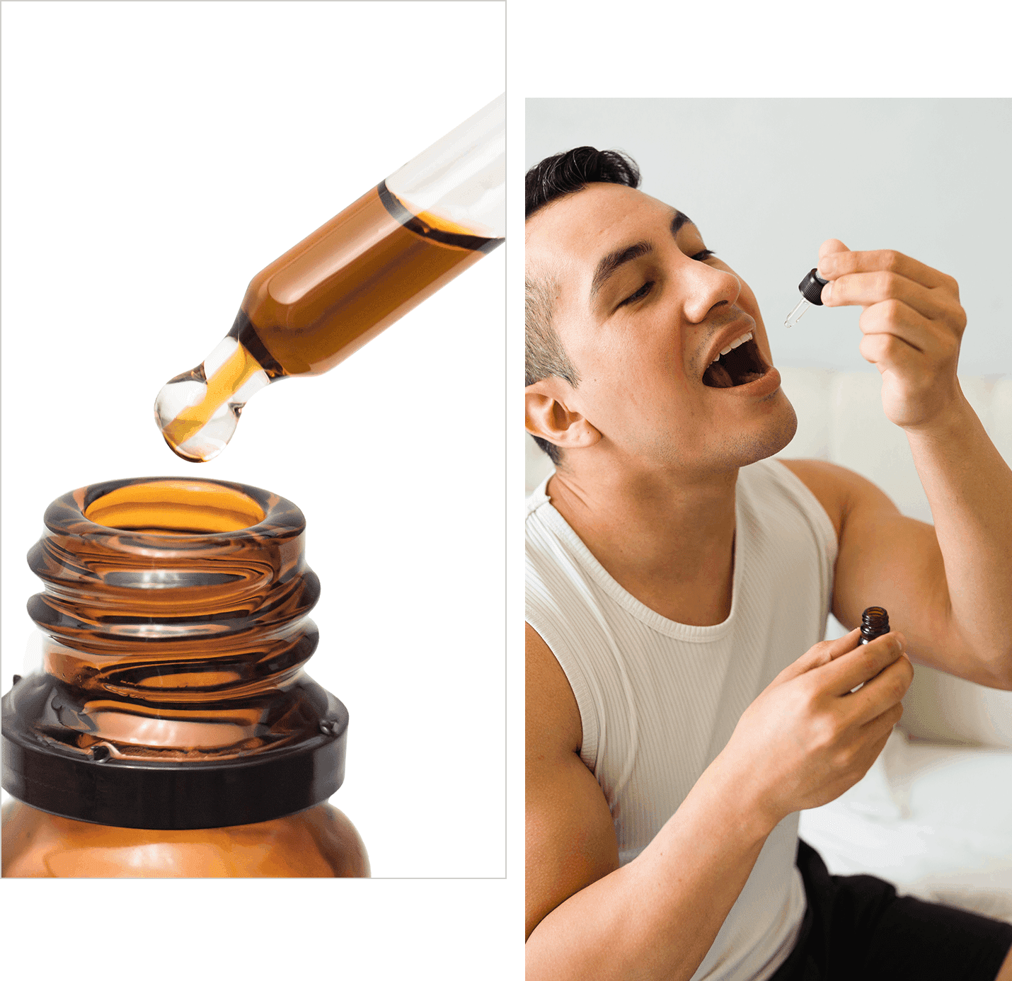 Man taking supplement with dropper bottle.